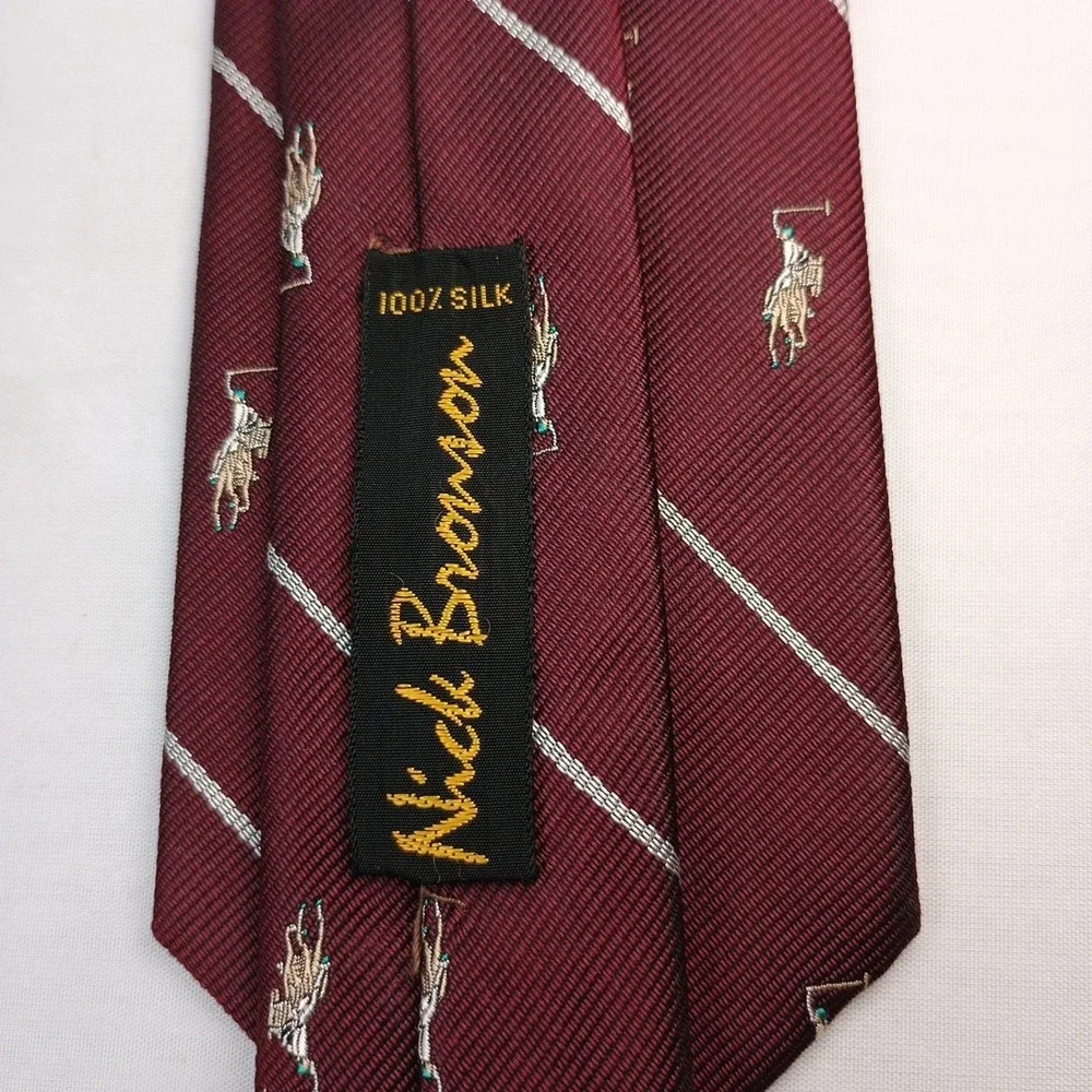 Vintage Nick Bronson Polo Repp Tie Necktie Pony Logo All Over Silk Maroon 56